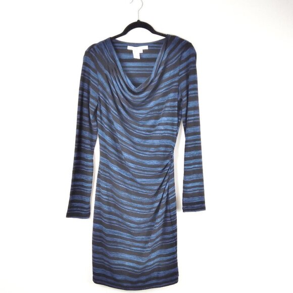 Max Studio Electric Blue&Black Striped Ruched Bodycon Sleek&Sexy Midi Dress Sz M - Picture 1 of 7